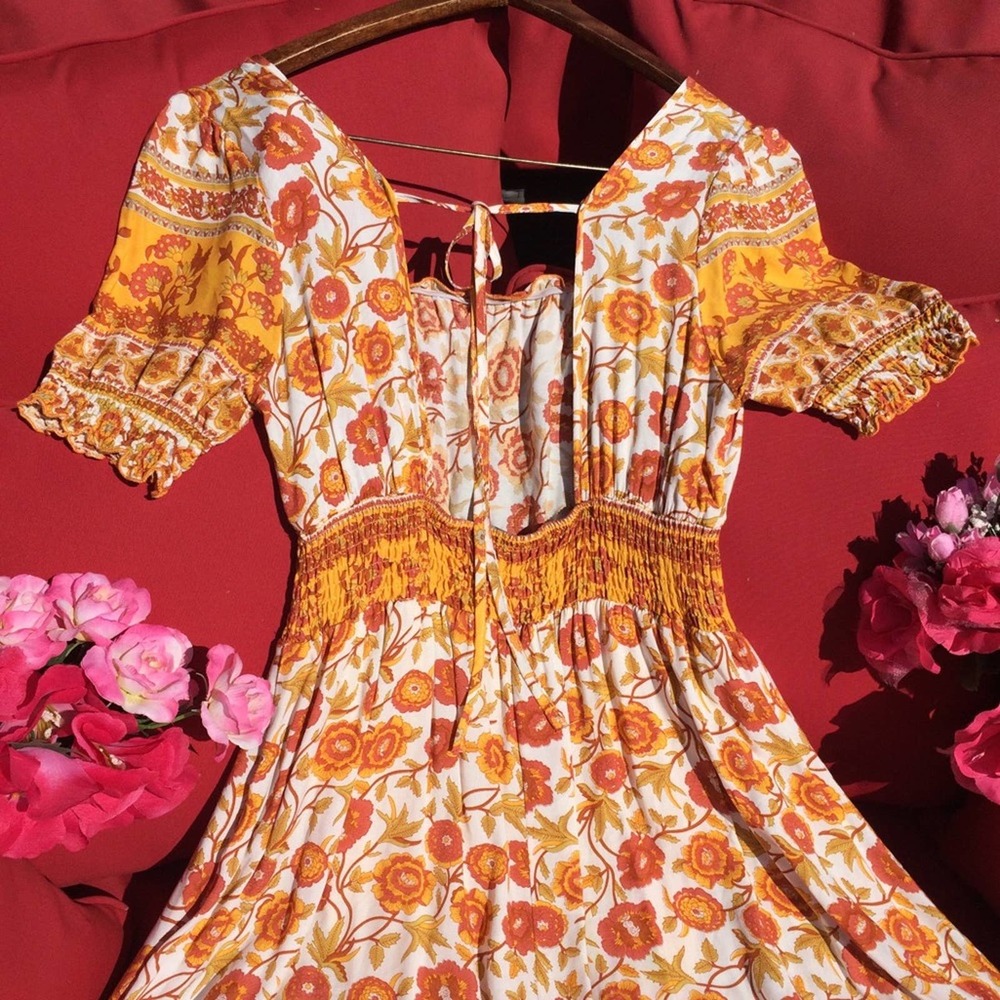 Mini Dress Floral Yellow Marigold Boho Glam NWOT - Picture 4 of 7